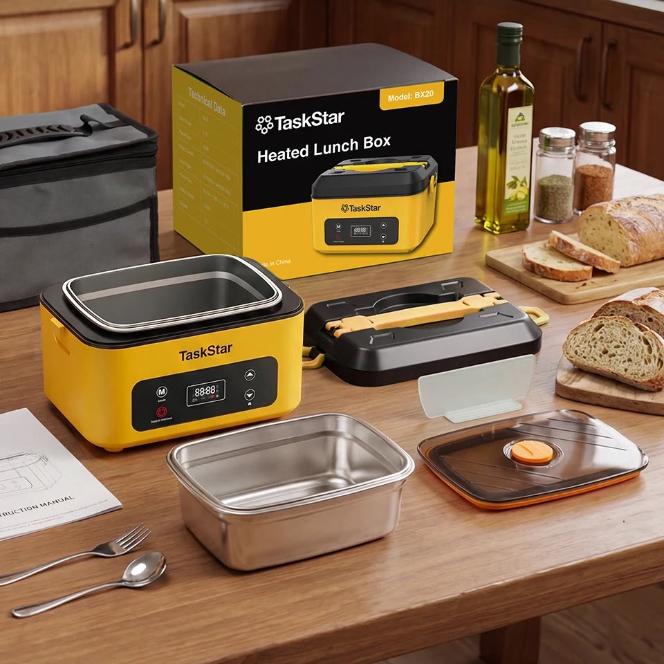 What's in the box: heated lunch box, stainless tray, lids, insulated bag, spoon and fork, retail box