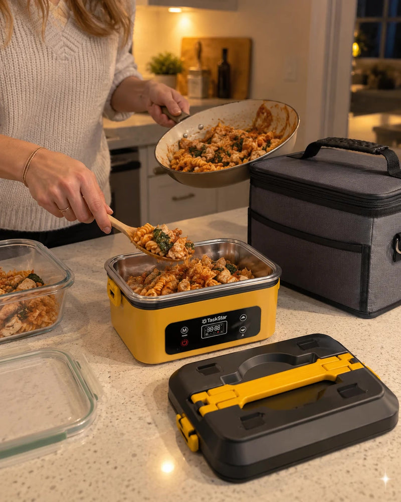Packing leftovers into the stainless tray the night before