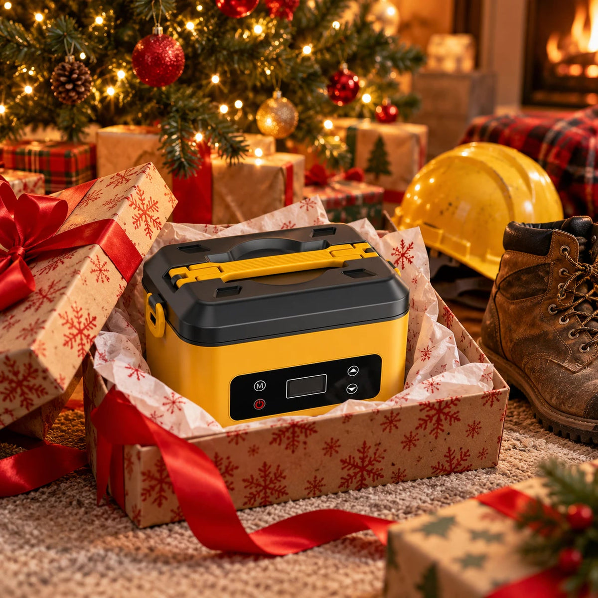 Heated lunch box as a gift next to work boots and a hard hat (AI-generated illustration)
