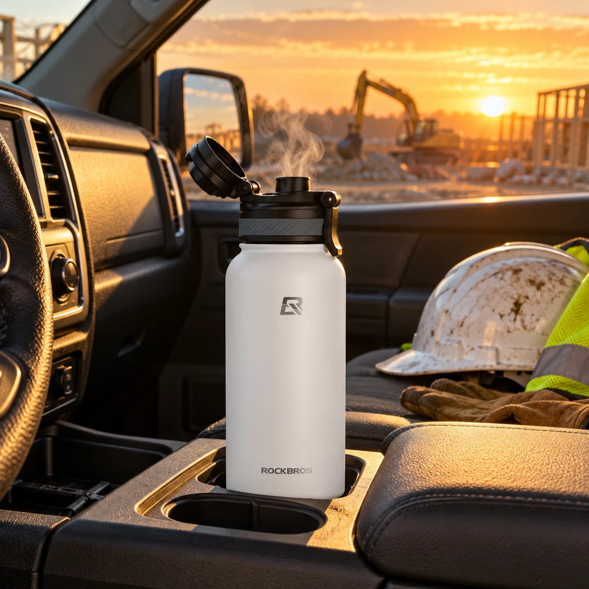 HotShift Work Flask 1L white in a truck cupholder