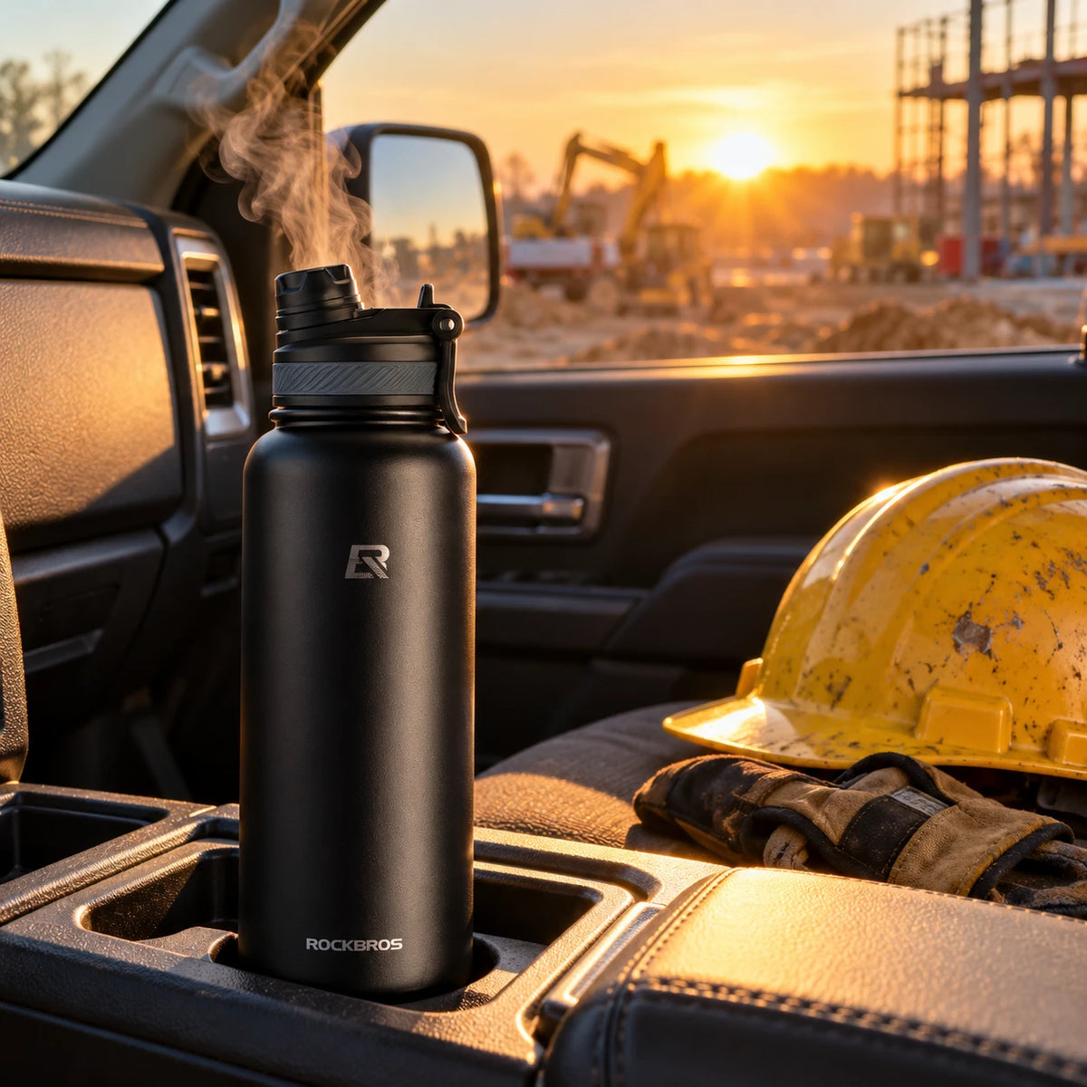 HotShift Work Flask 1.2L black in a truck cupholder