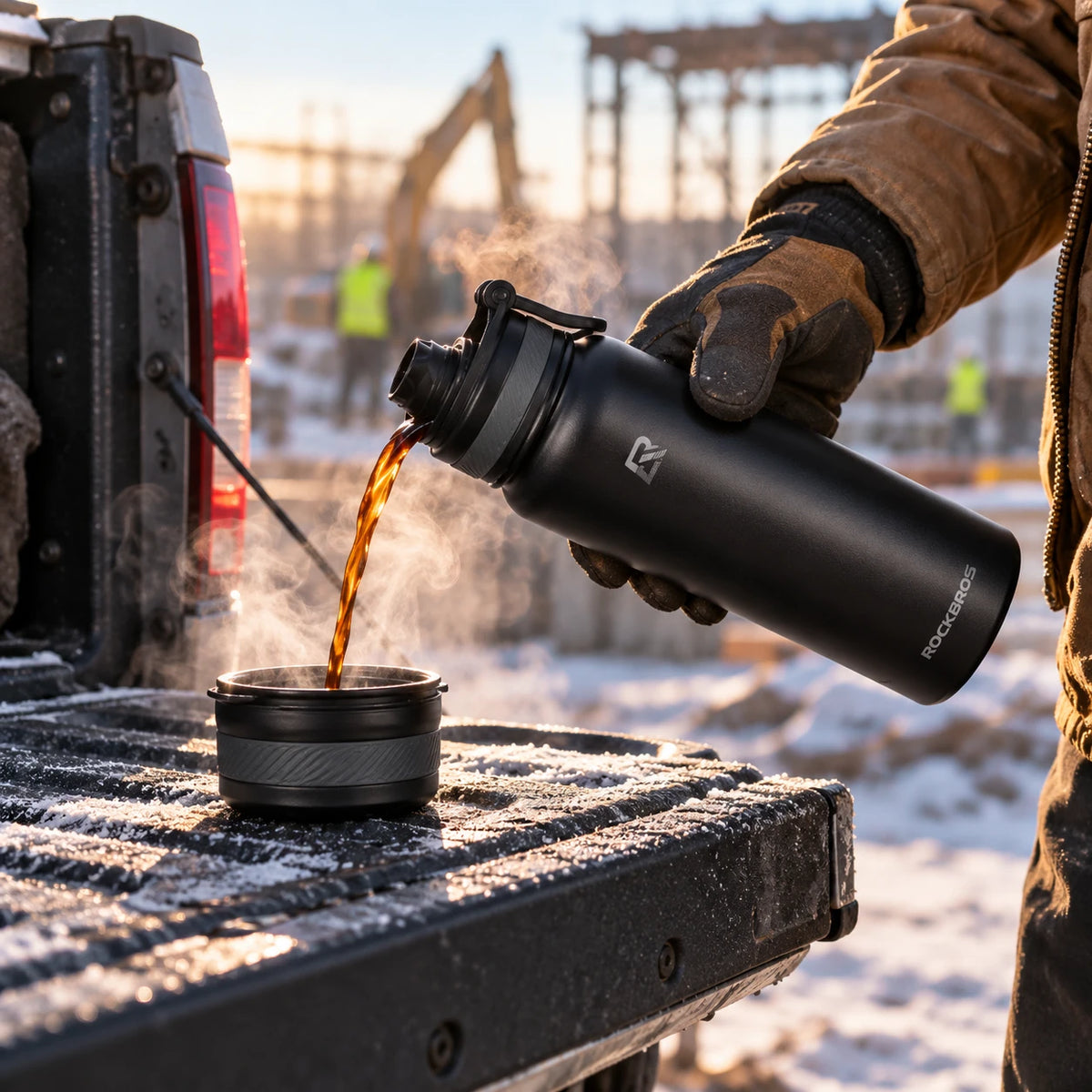 Black work flask pouring coffee on a cold job site