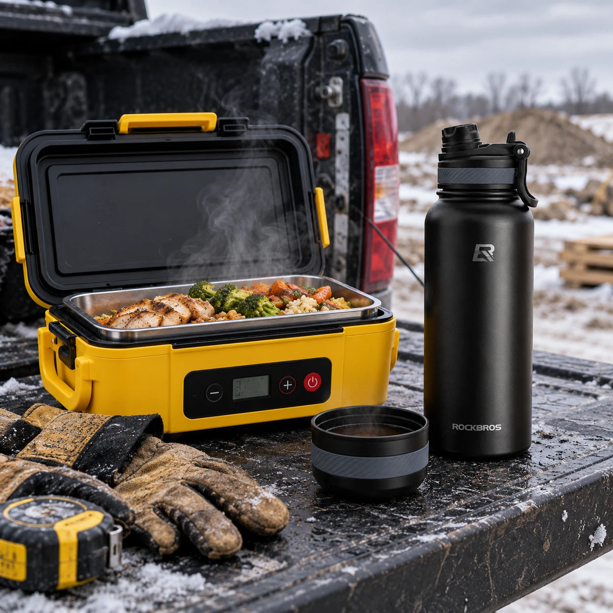 Lunch box and black flask on a truck tailgate