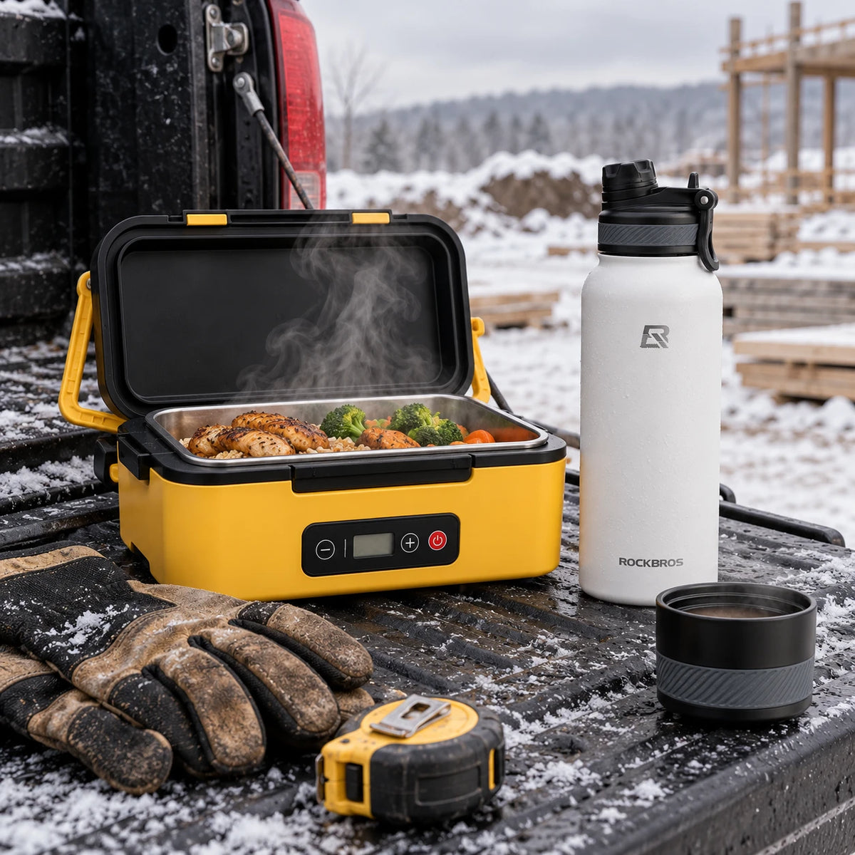 Lunch box and white flask on a truck tailgate