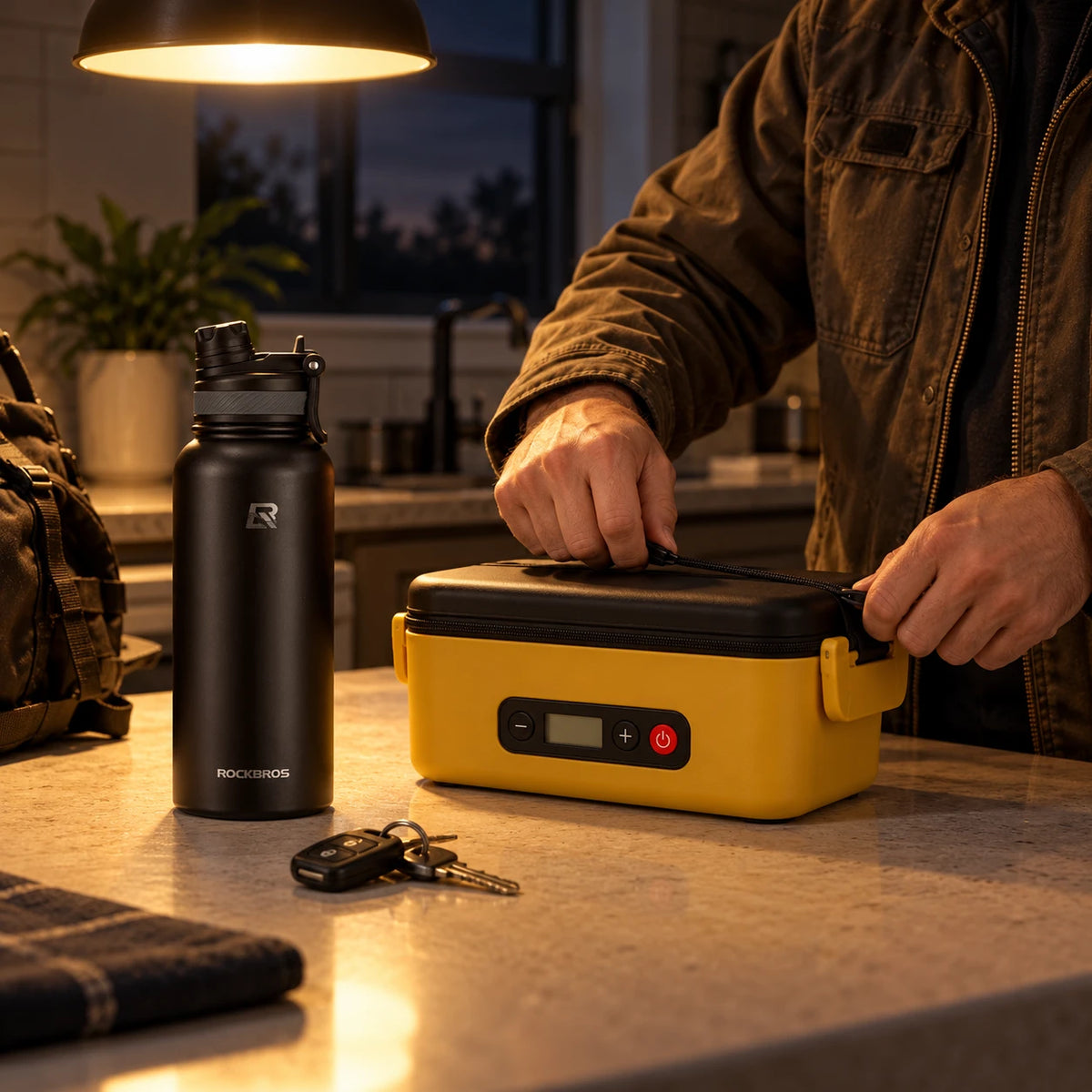 Packing the lunch box and black flask before a shift