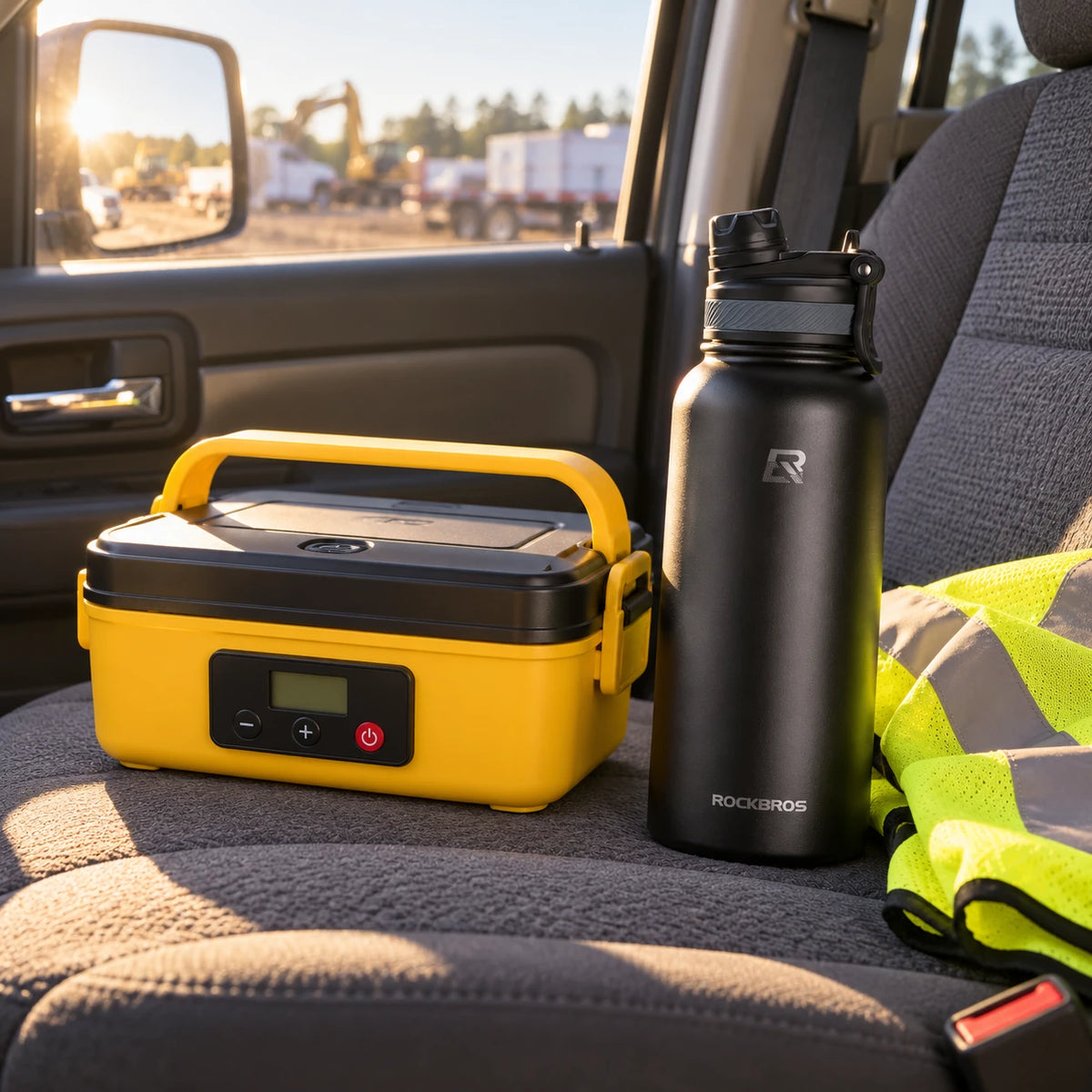 Lunch box and black flask on a truck seat