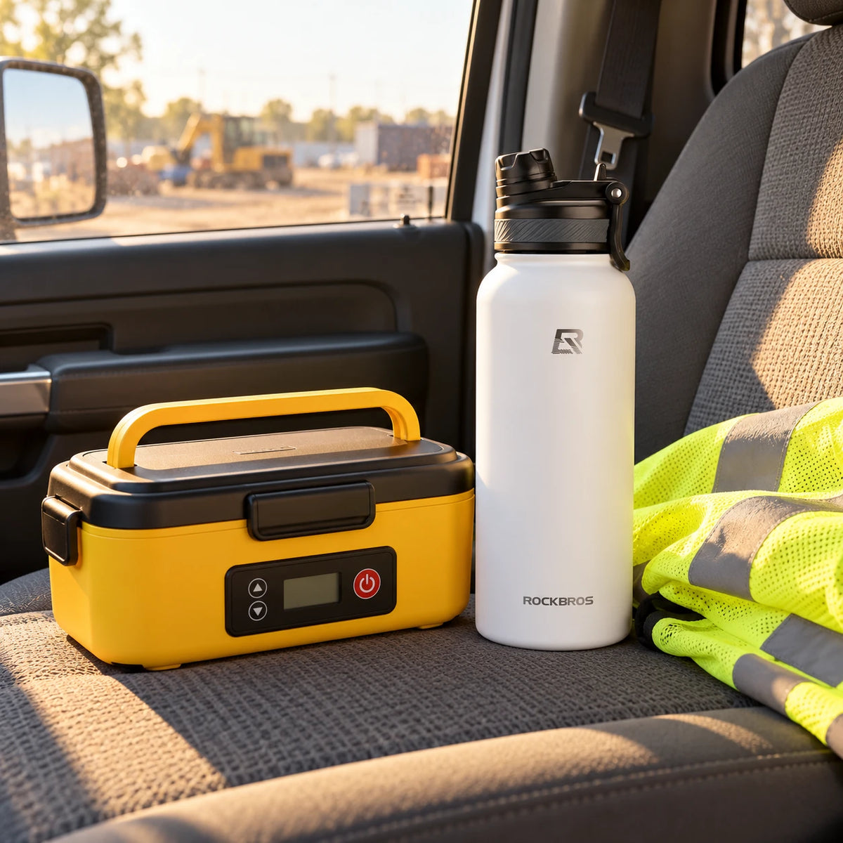 Lunch box and white flask on a truck seat
