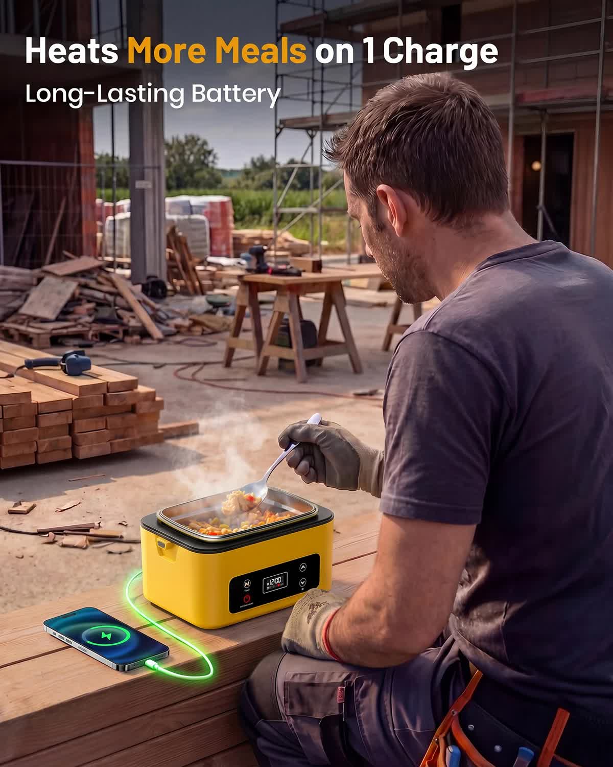 Construction worker eating a hot lunch from a cordless heated lunch box on a job site