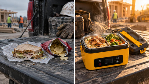 A cold sandwich and chips next to a hot meal in the heated lunch box on the same tailgate (AI-generated illustration)