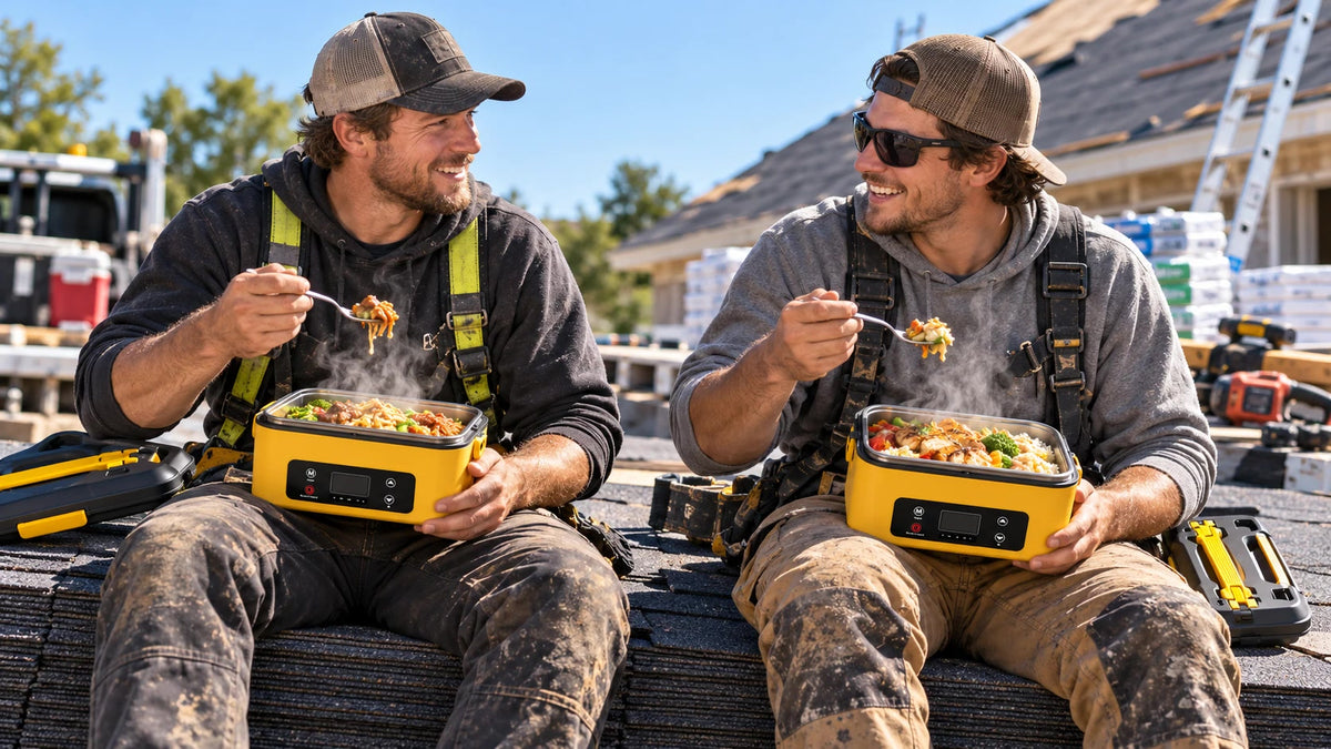 Two roofers eating hot lunches from their heated lunch boxes on the job