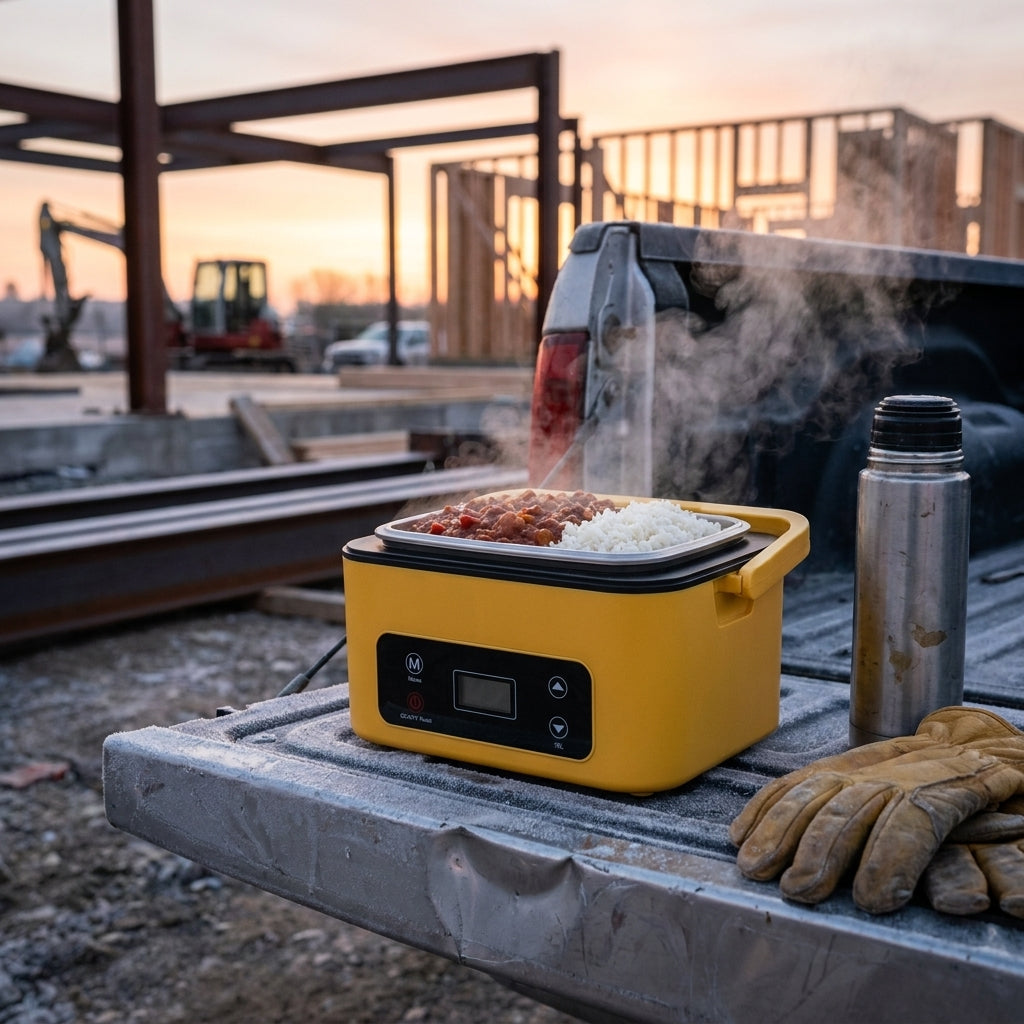 HotShift heated lunch box with steaming chili and rice on a frosty tailgate at sunrise