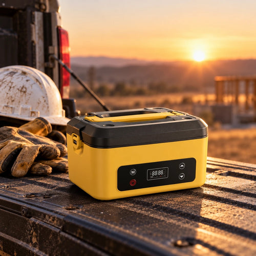 HotShift cordless heated lunch box on a work truck tailgate at sunrise, next to a hard hat and work gloves