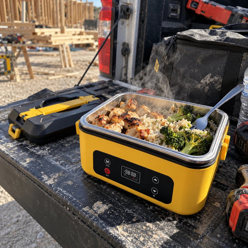 Steaming chicken, rice and broccoli in the heated lunch box's stainless tray on a jobsite tailgate