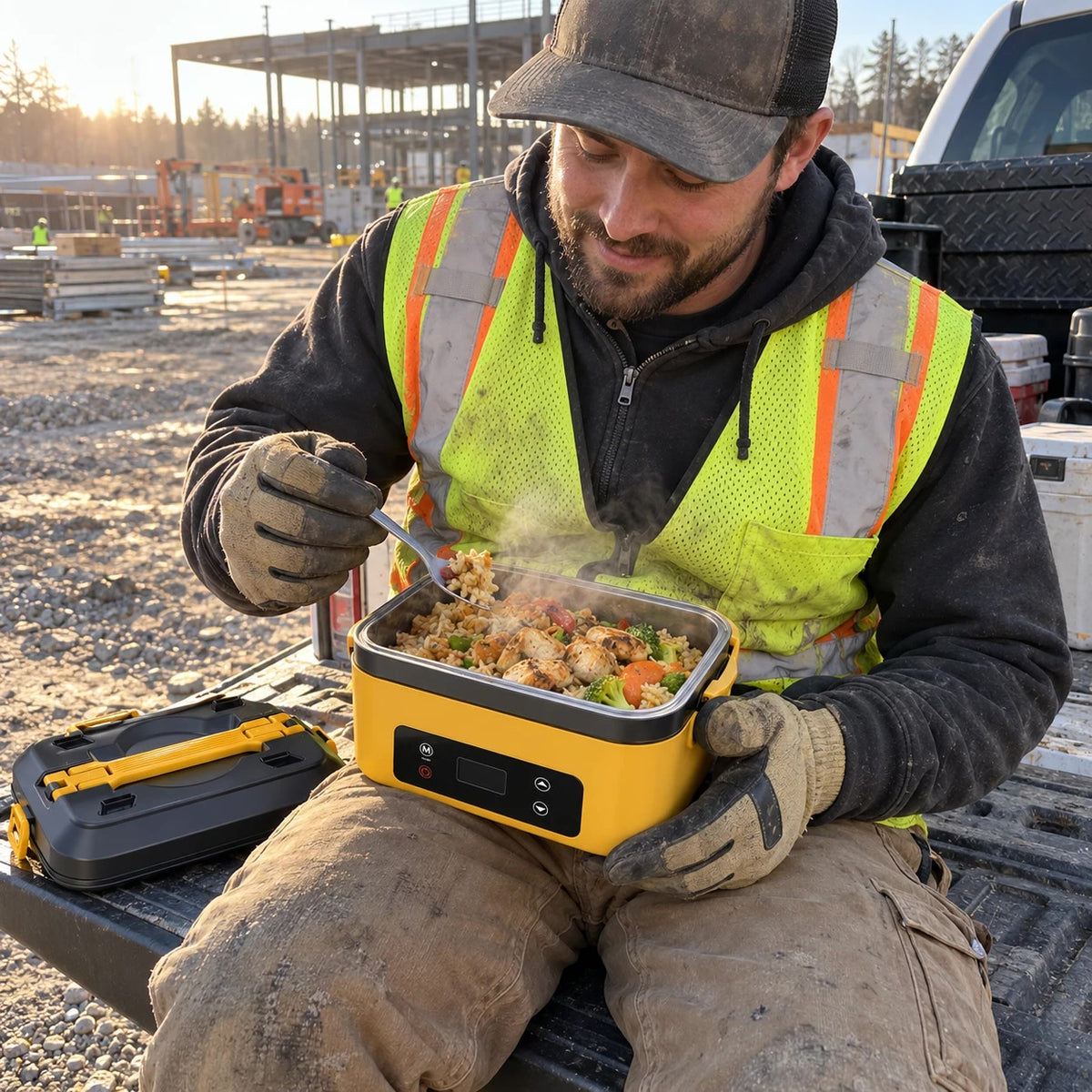 Construction worker eating a hot lunch from the HotShift heated lunch box on his tailgate