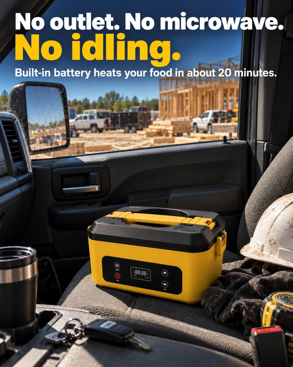 No outlet, no microwave, no idling: the battery heated lunch box on a work truck seat