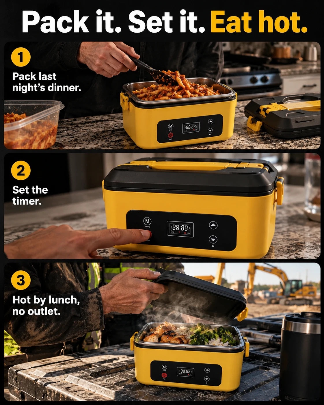 Pack it, set it, eat hot: pack last night's dinner, set the timer, hot by lunch with no outlet