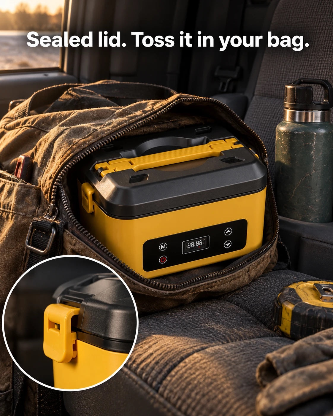 Sealed latching lid: the heated lunch box packed in a work bag, with a close-up of the side latch