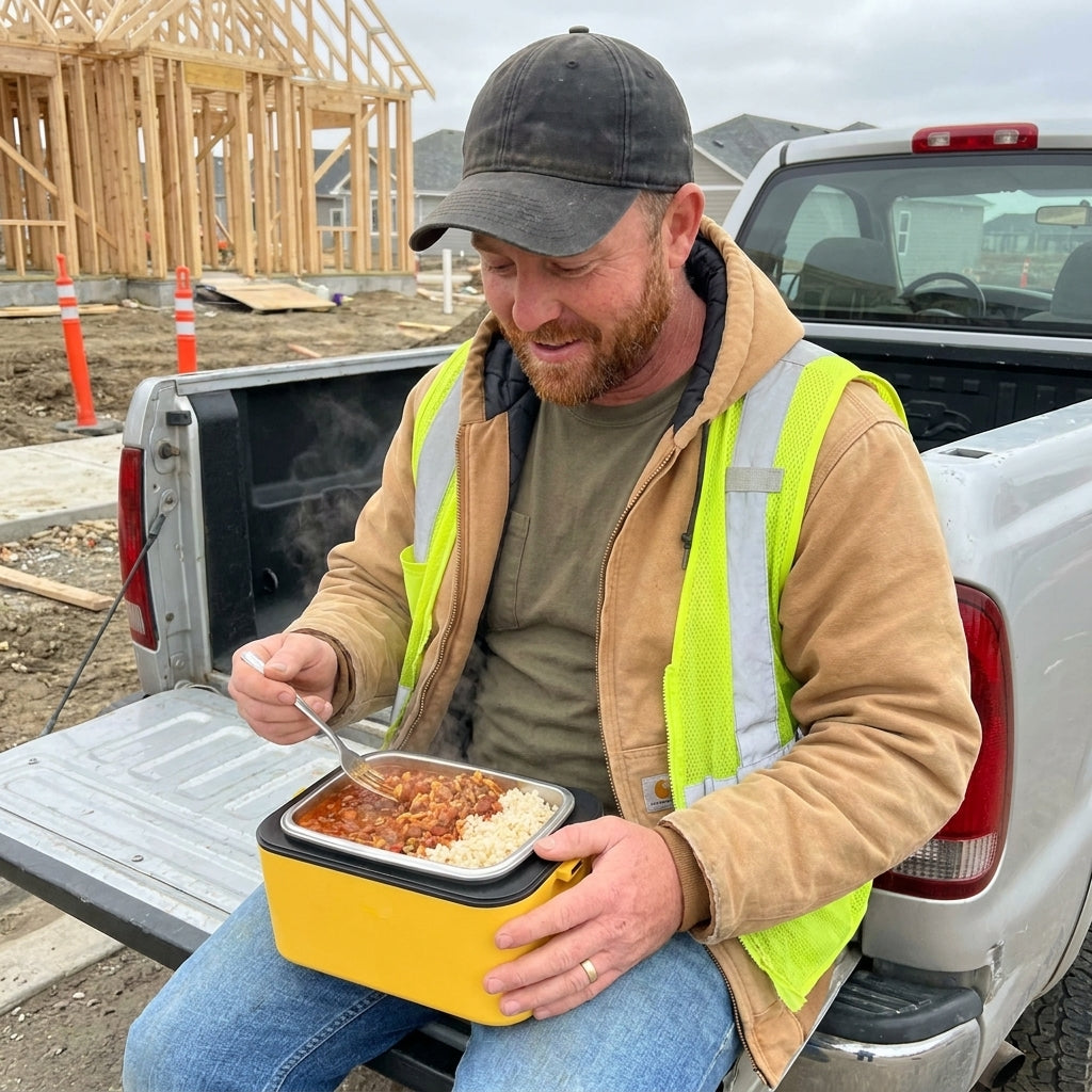 Construction worker eating a hot lunch from his HotShift box on the tailgate