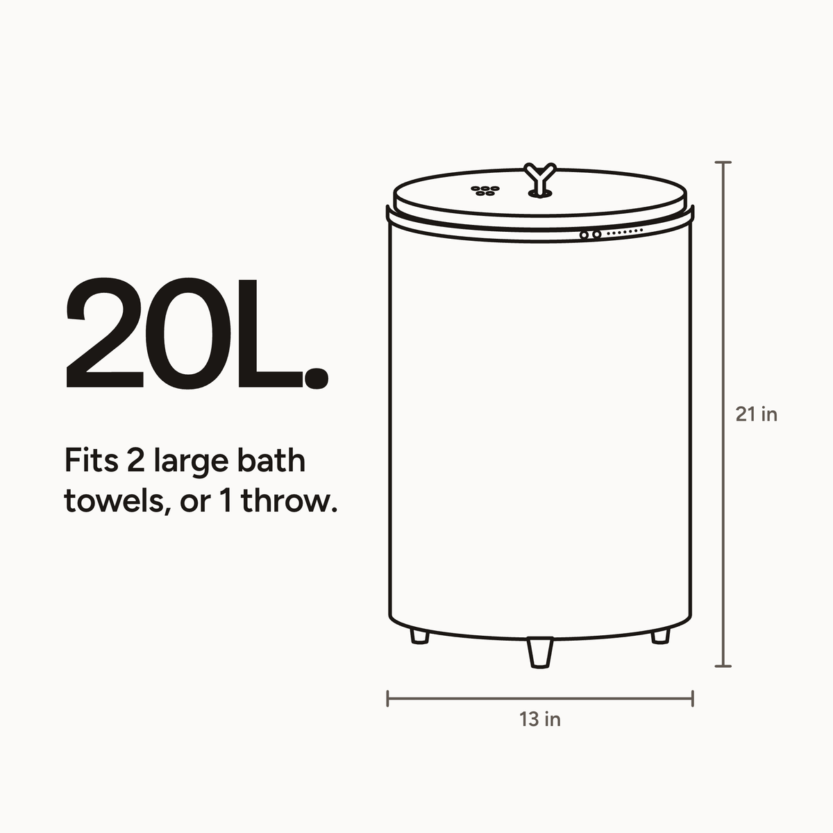Line drawing of the HotShift 20L towel warmer: about 13 by 21 inches, fits 2 large bath towels or 1 throw