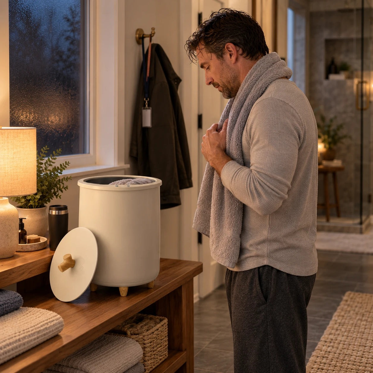 Man getting ready before sunrise with a warm towel around his neck