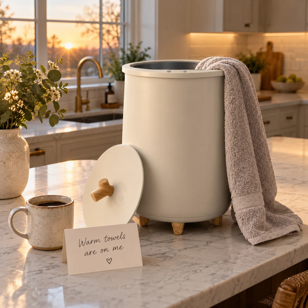 HotShift towel warmer on a kitchen counter at dawn with a note that says Warm towels are on me