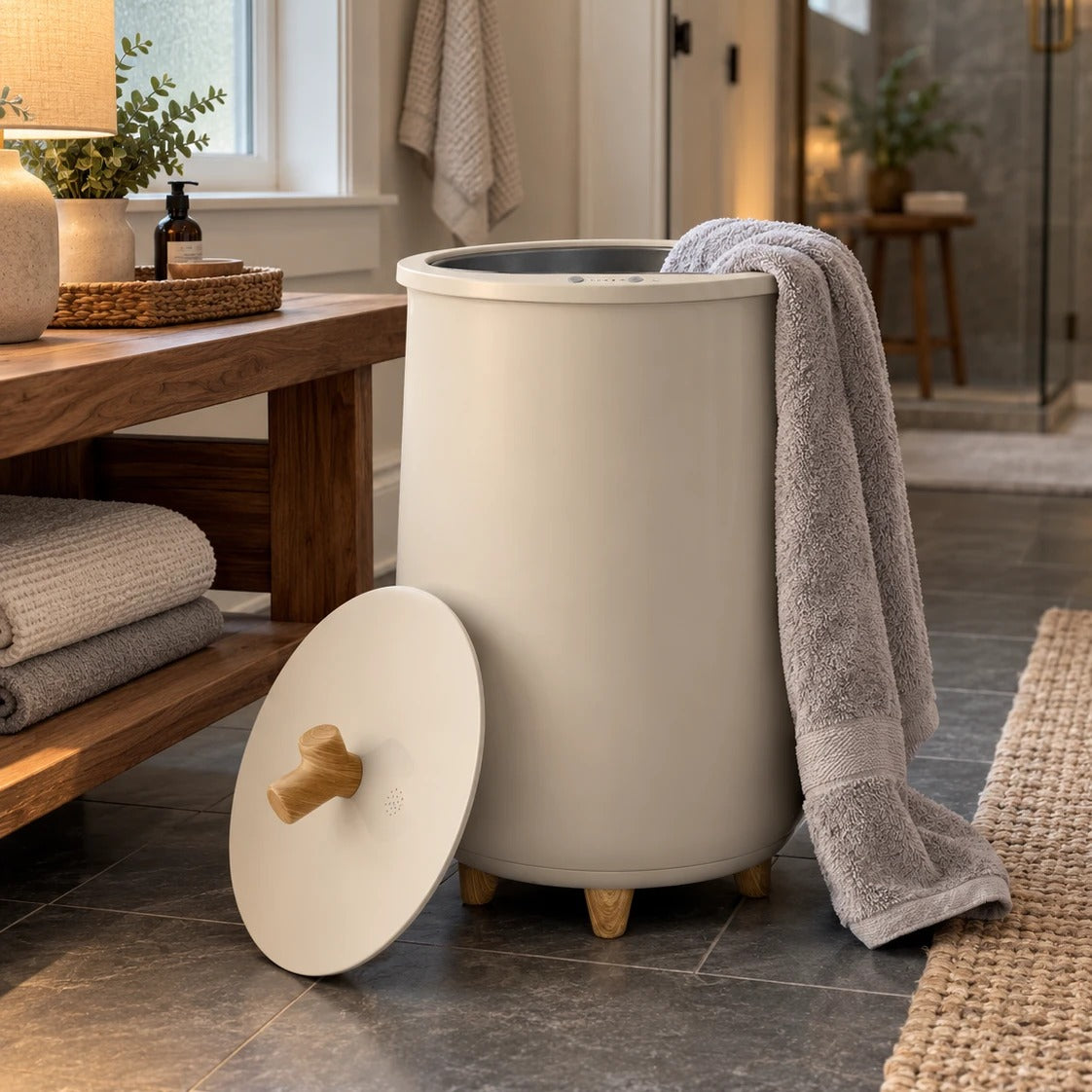 HotShift 20L towel warmer by a wooden bench in a dark bathroom before sunrise, a warm towel over the rim