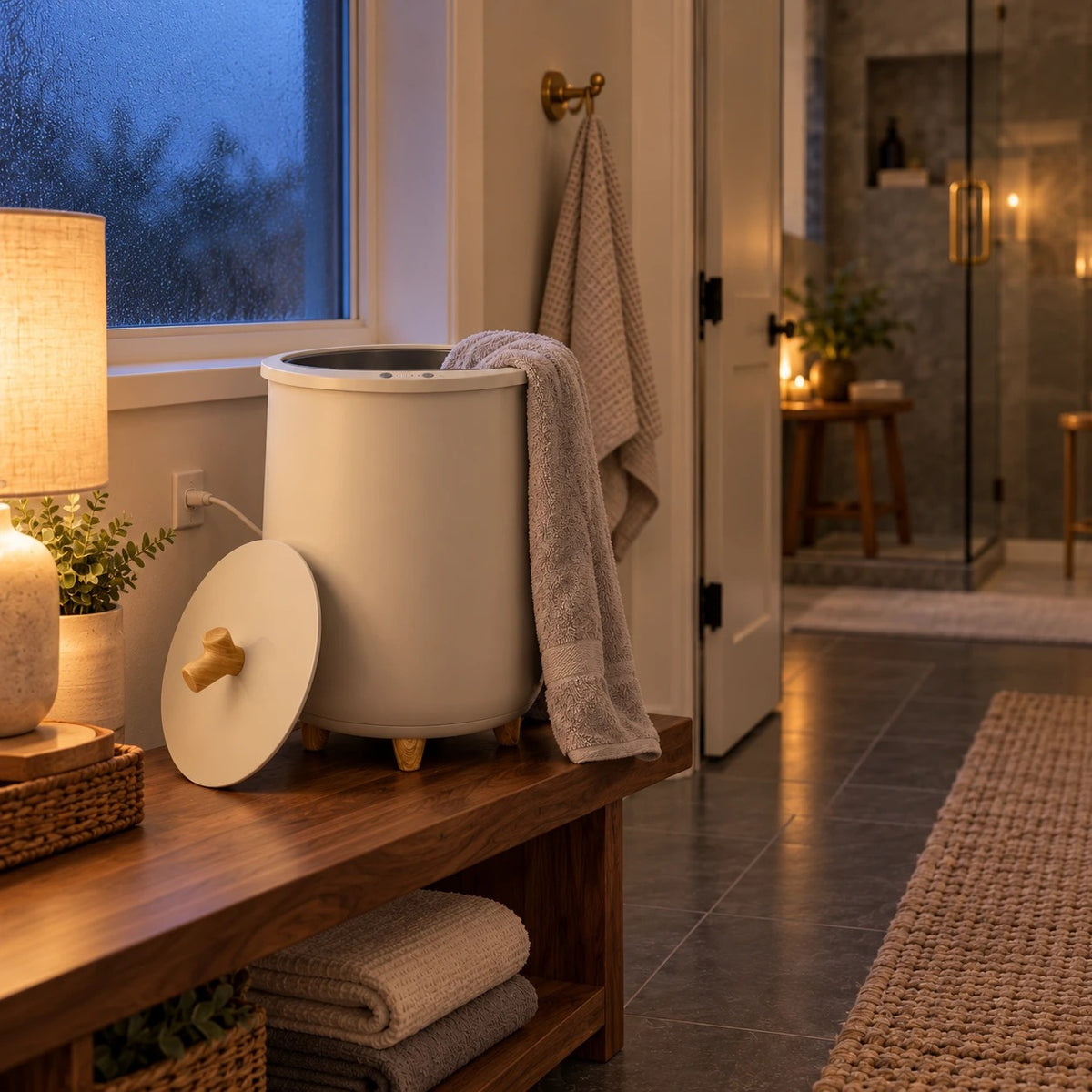 Towel warmer on a dry bench by the bathroom door, away from the shower, plugged straight into the wall