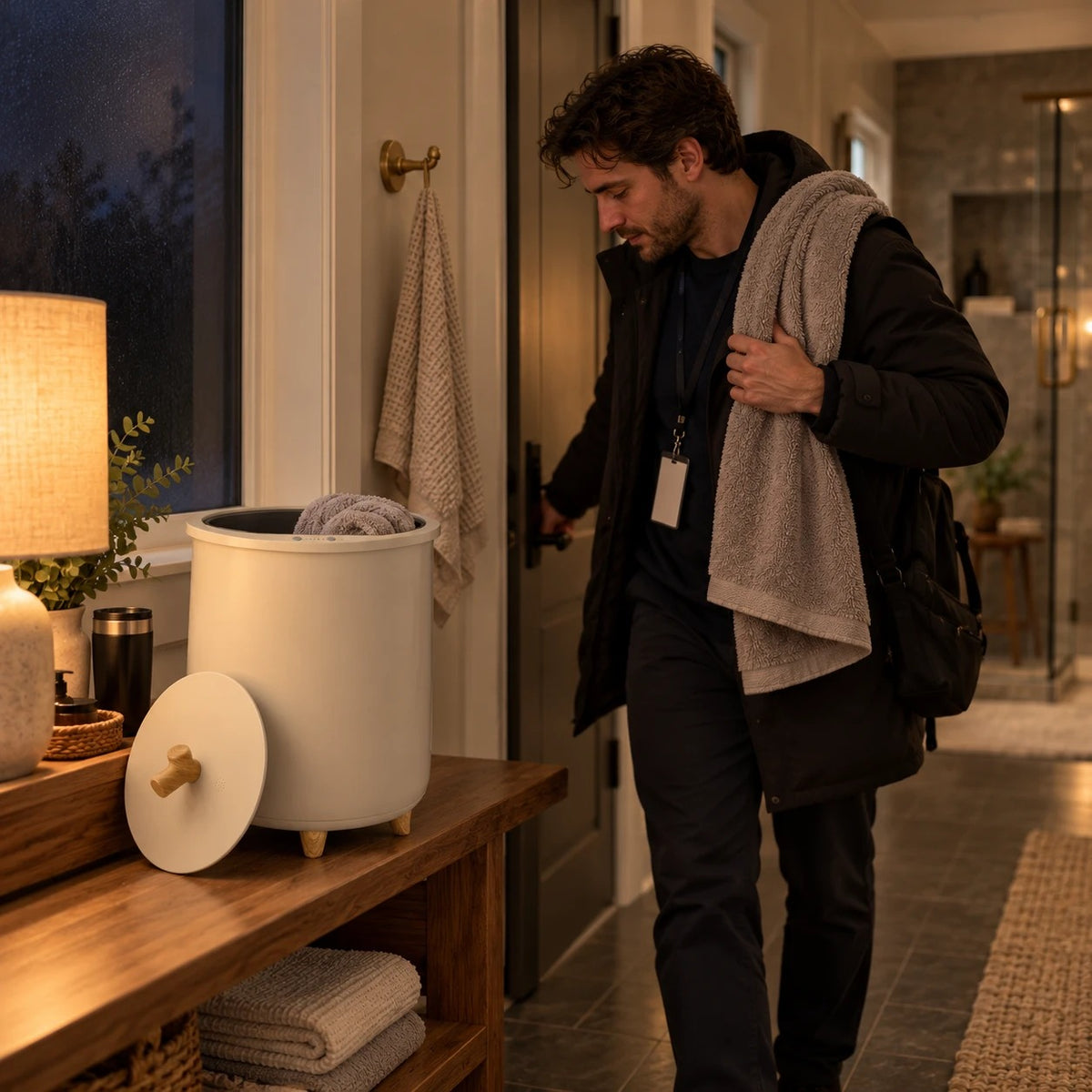 Early-shift worker before sunrise with a warm towel over the shoulder