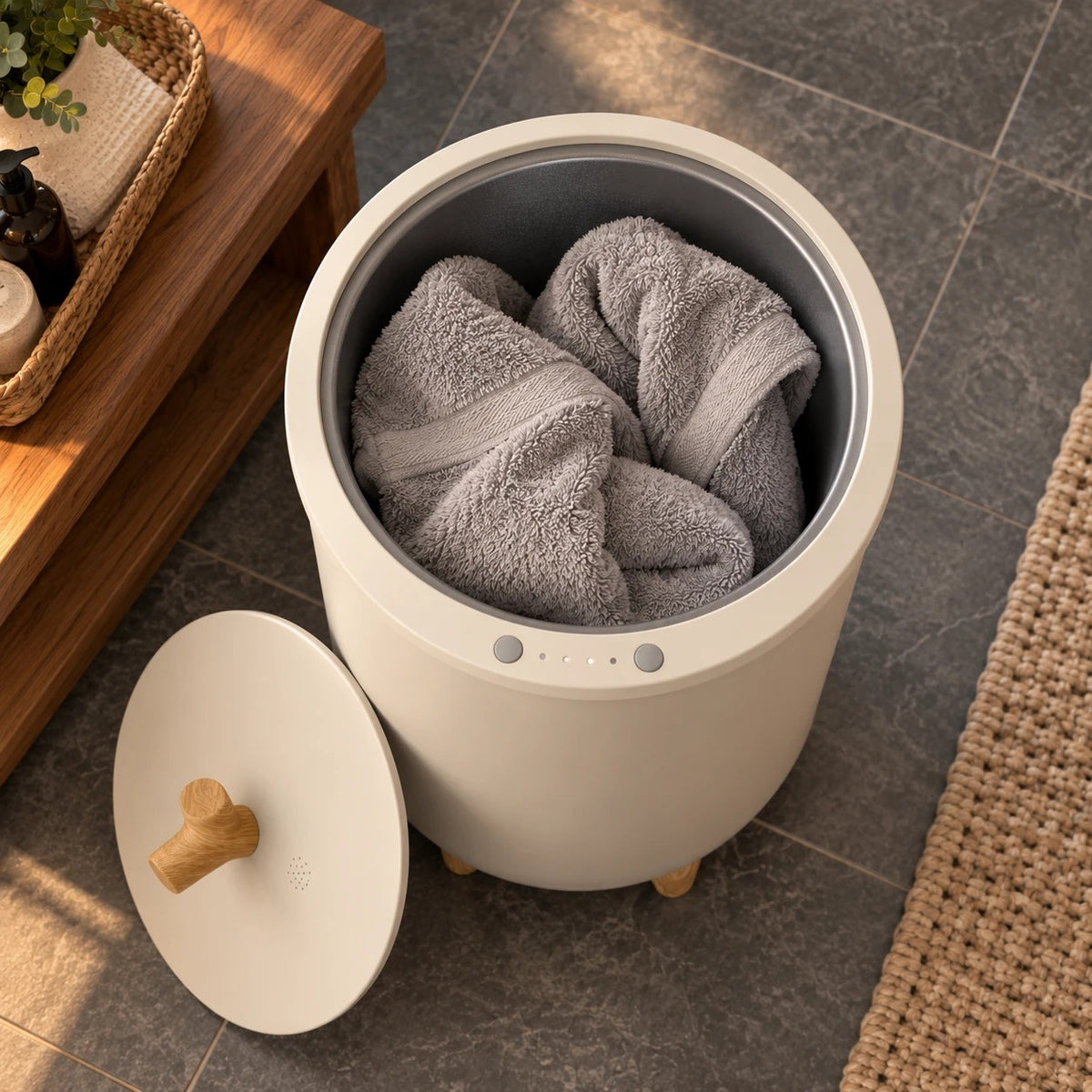 Two large bath towels loaded loosely in the HotShift towel warmer, seen from above