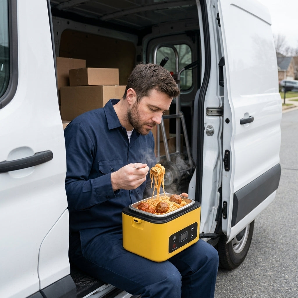 Delivery driver eating hot spaghetti from the heated lunch box in his van door